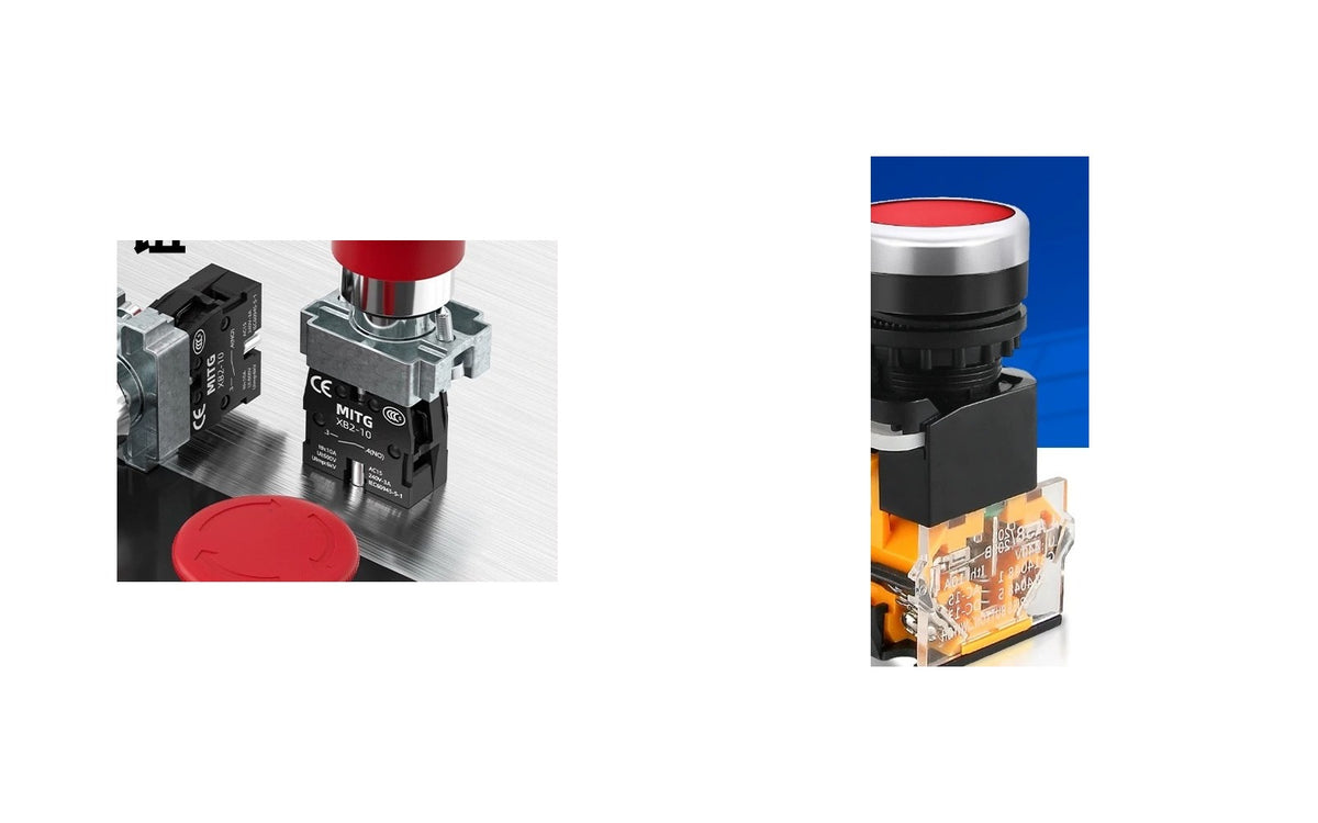 Machine Control Buttons Pack — 22 mm Mushroom E-Stop (1NO+1NC), LA38 Momentary Green 2NO, LA38 Latching Yellow 2NO