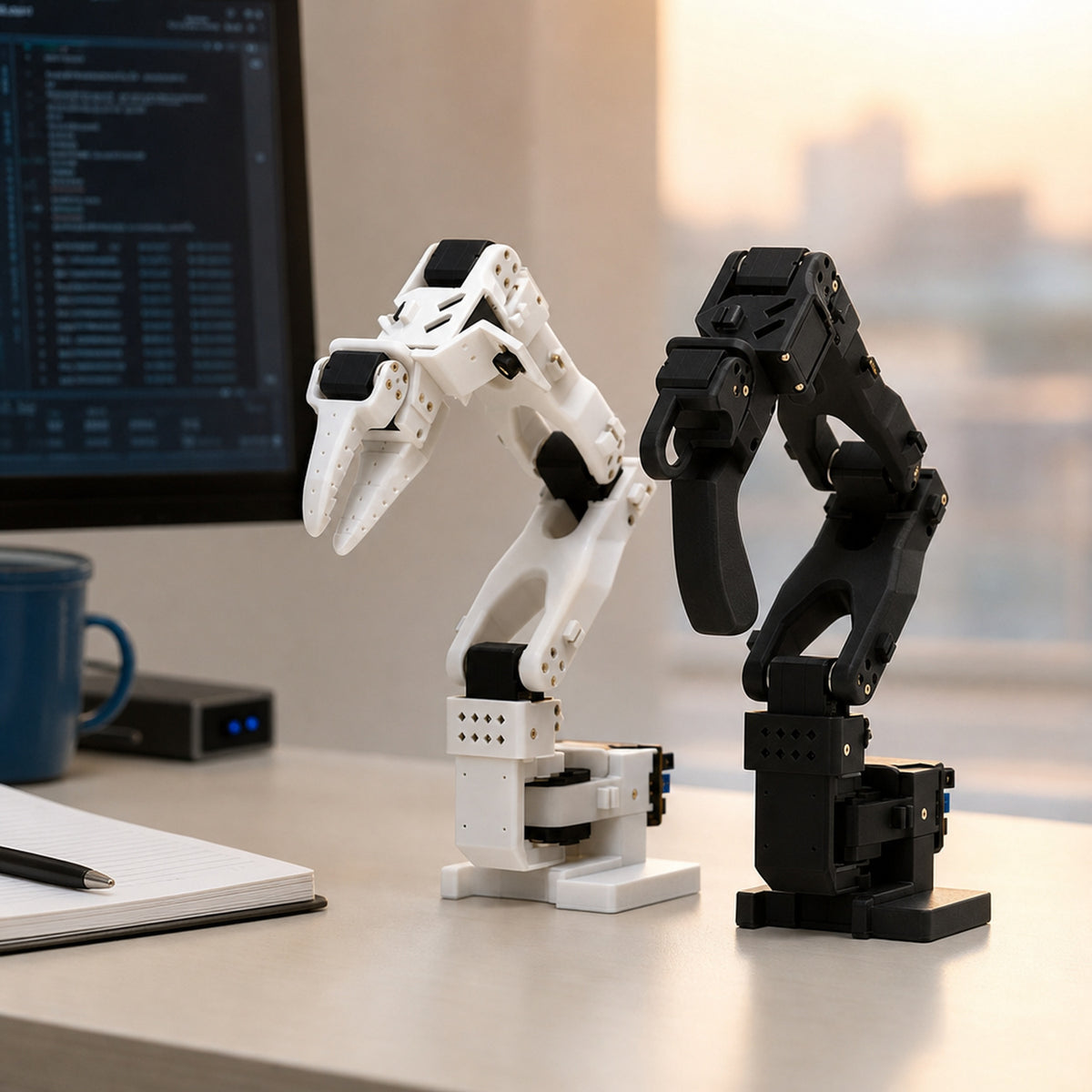 SO-ARM101 LeRobot robot arm kit – the pair of arms on a university lab bench next to a monitor showing a dataset viewer