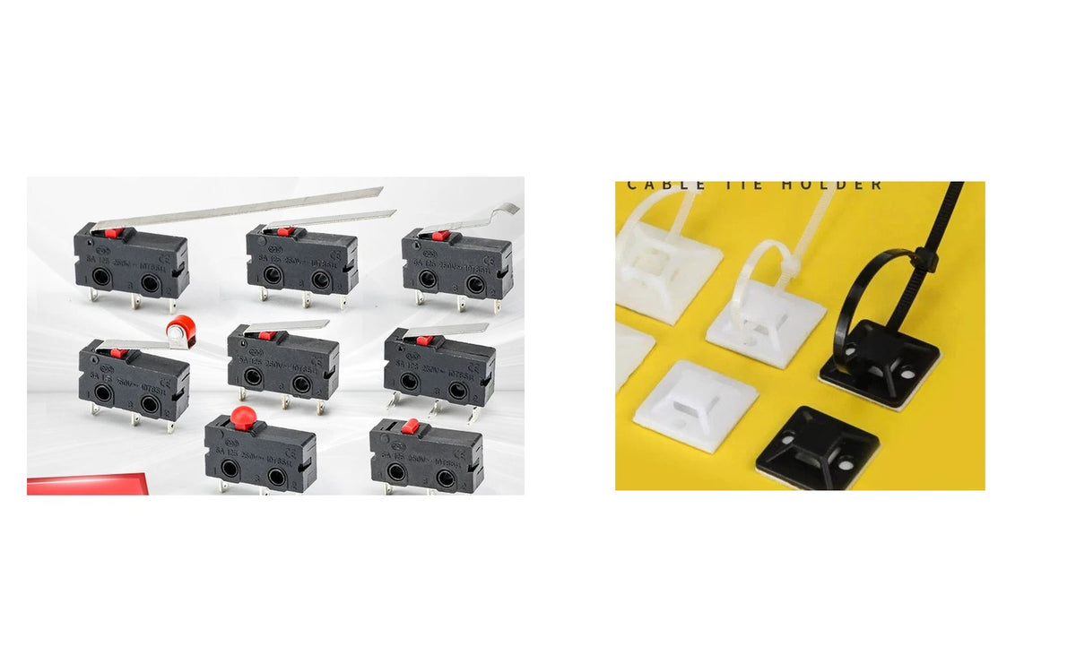 Endstop & Cable Management Pack — 10 × KW12 Limit Switches, 100 × Cable Ties, 100 × Adhesive Tie Mounts