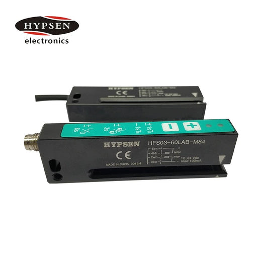 HYPSEN HFS03-60LAB-M84 Label Mark Sensor — 3 × 60 mm Fork Slot, Self-Teach, NPN + PNP, 12–24 VDC