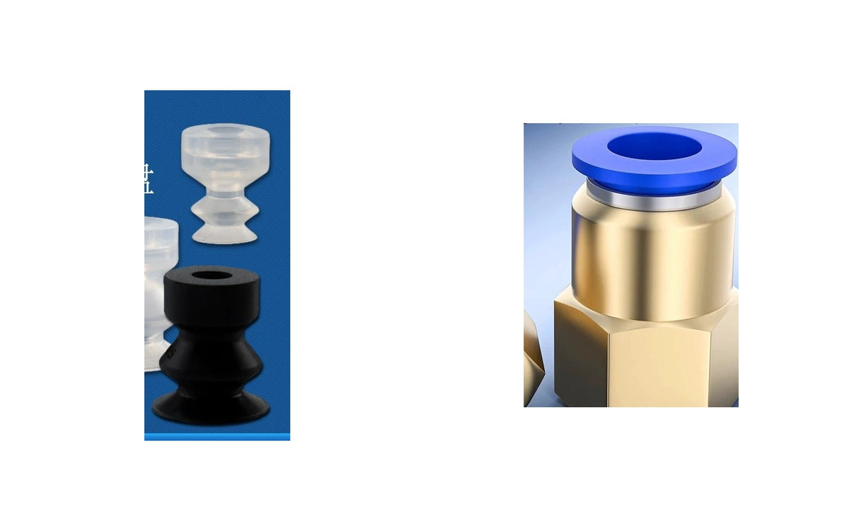 Vacuum Gripper Pneumatics Starter Pack — 3 × VPCT Bellows Cups (Ø4/6/8), PCF6-01 Fitting, 5 × PEG10-6 Reducing Union