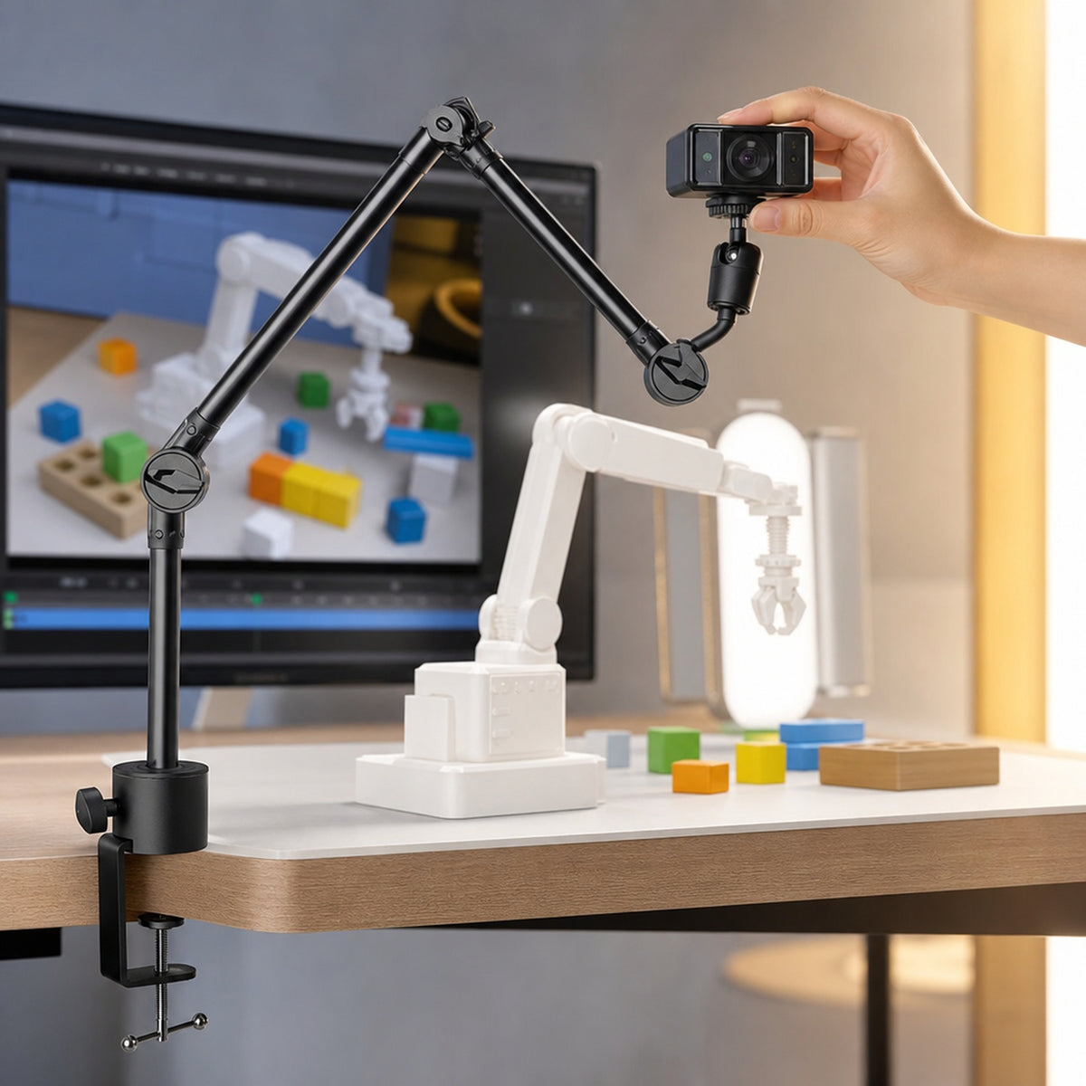 Overhead camera desk arm – the arm clamped to the edge of a desk holding a small camera module above a white 3D-printed robot arm and coloured blocks