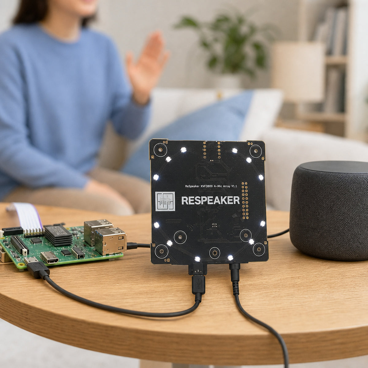 ReSpeaker XVF3800 4-mic array – the microphone array board on a living-room side table connected to a Raspberry Pi