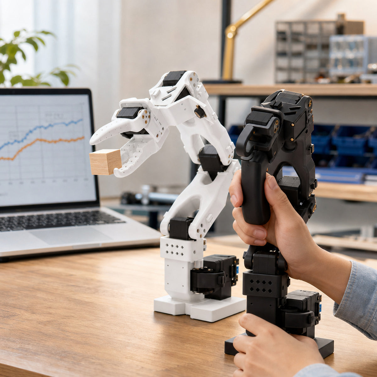 SO-ARM101 LeRobot robot arm kit – a person's hands moving the black leader arm on a desk while the white follower arm mirrors the motion and grips a small wooden cube