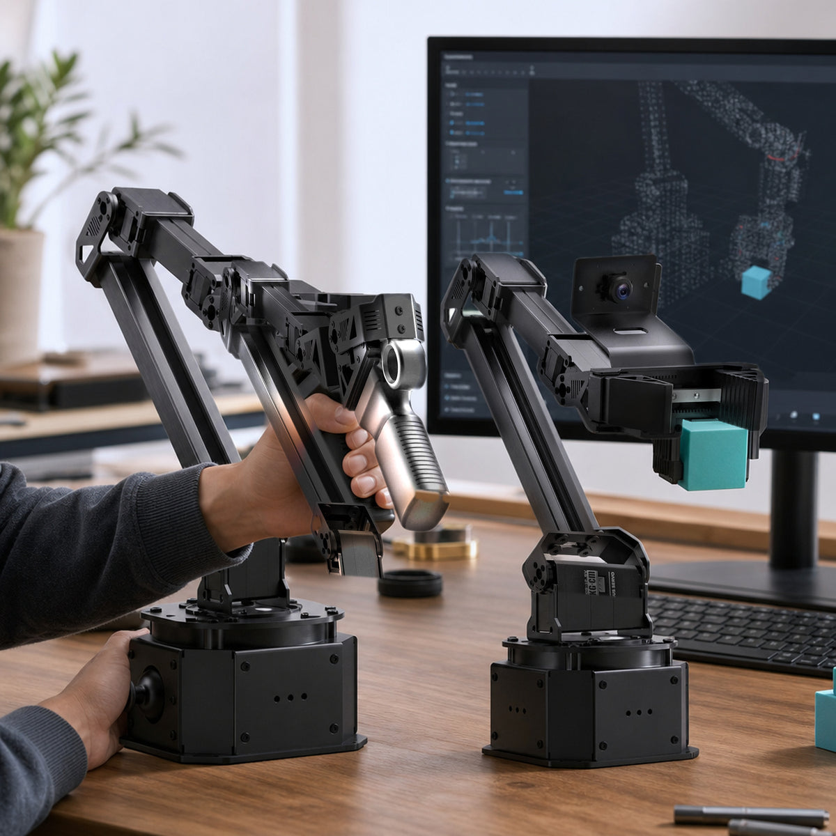 NexArm metal robot arm – a person's hands moving the leader arm's handle while the follower arm mirrors it and grips a coloured block