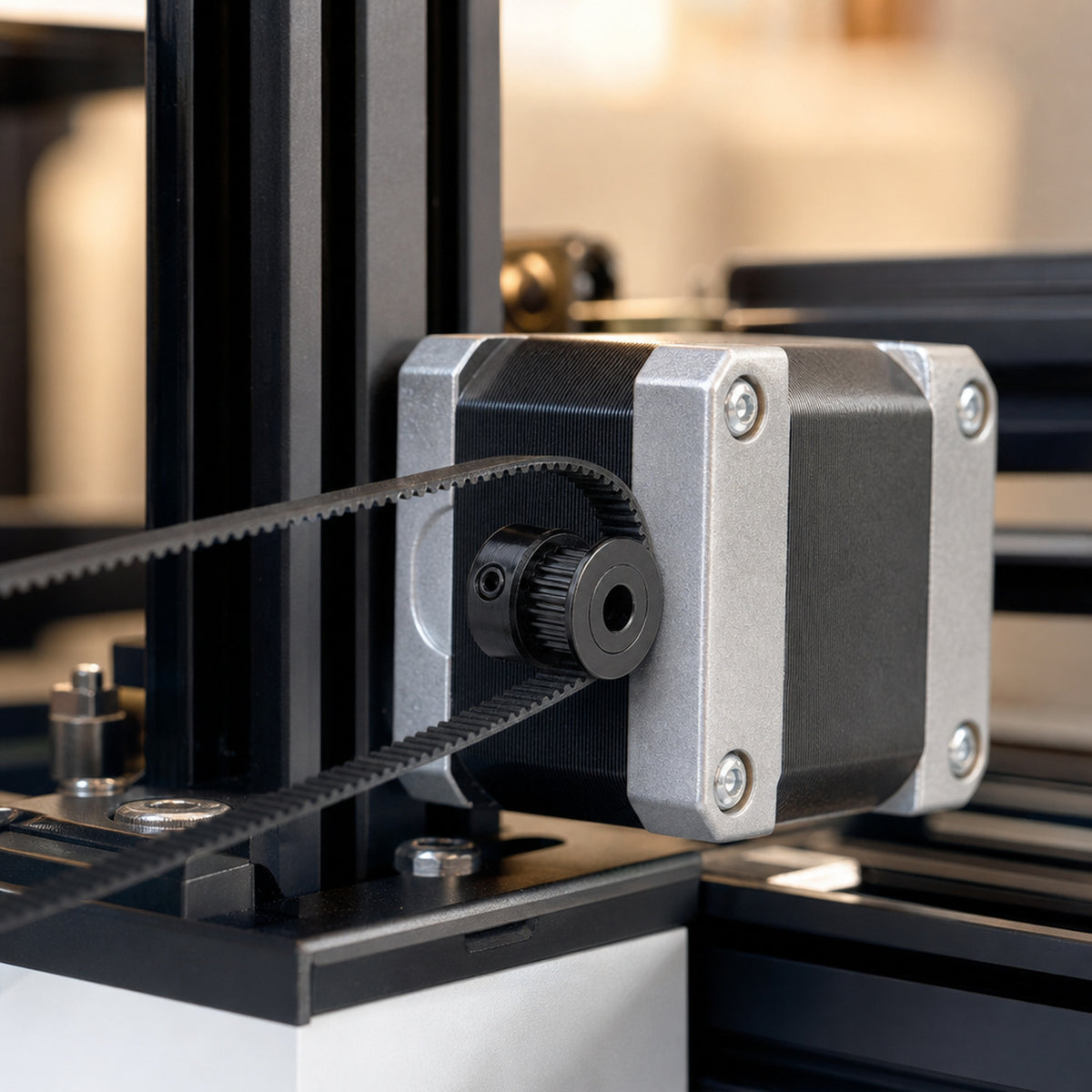 GT2 timing pulleys – close-up of the pulley fitted on a NEMA 17 stepper motor shaft with a GT2 belt looped around it