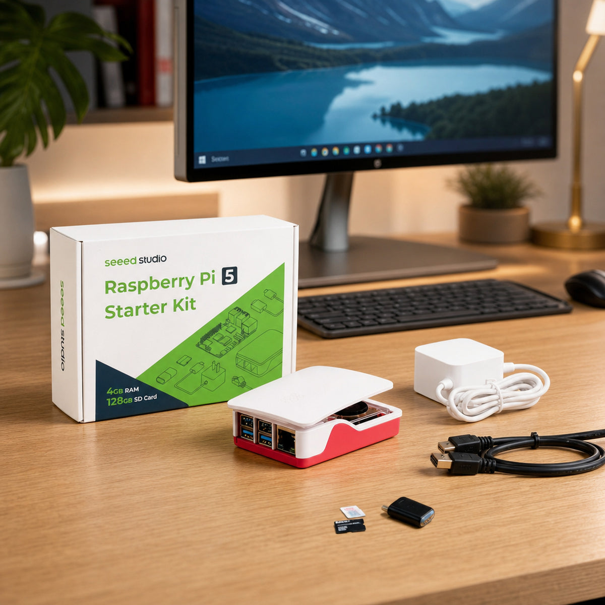 Raspberry Pi 5 starter kit – the Raspberry Pi 5 kit laid out on a wooden desk next to a monitor showing a Linux desktop