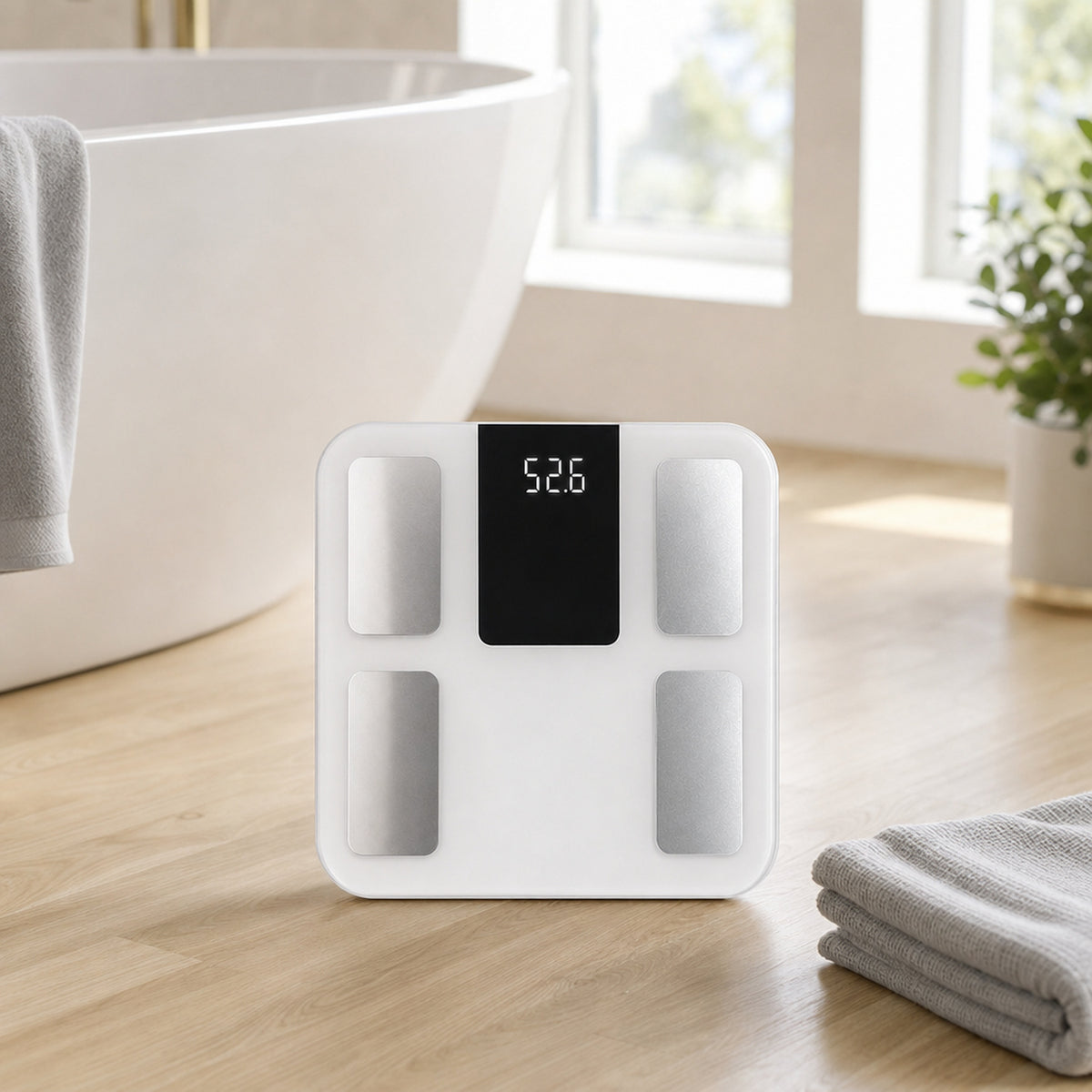 DELTA smart body composition scale – the scale on a light oak bathroom floor beside a white bathtub