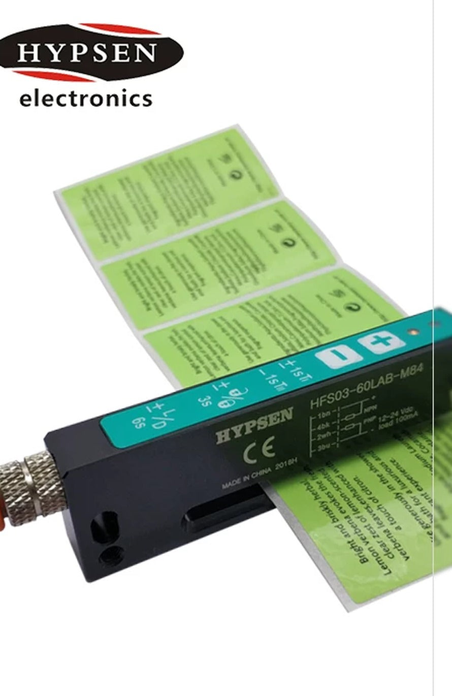 HYPSEN HFS03-60LAB-M84 Label Mark Sensor — 3 × 60 mm Fork Slot, Self-Teach, NPN + PNP, 12–24 VDC
