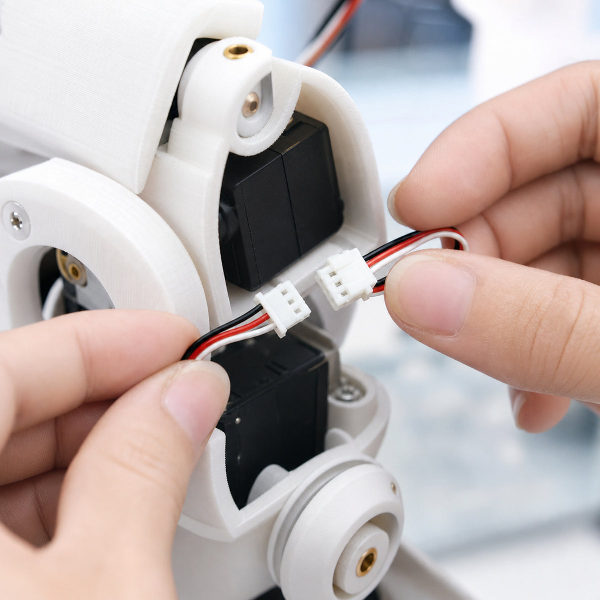 Feetech 3-pin servo cables – maker's hands plugging a 3-pin cable between two black servos inside a white 3D-printed robot arm joint