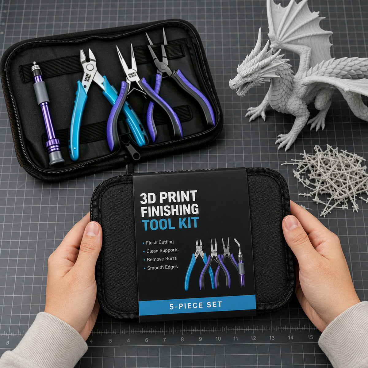 3D print finishing tool kit – top-down flat lay on a dark cutting mat: the open zip case with all five tools