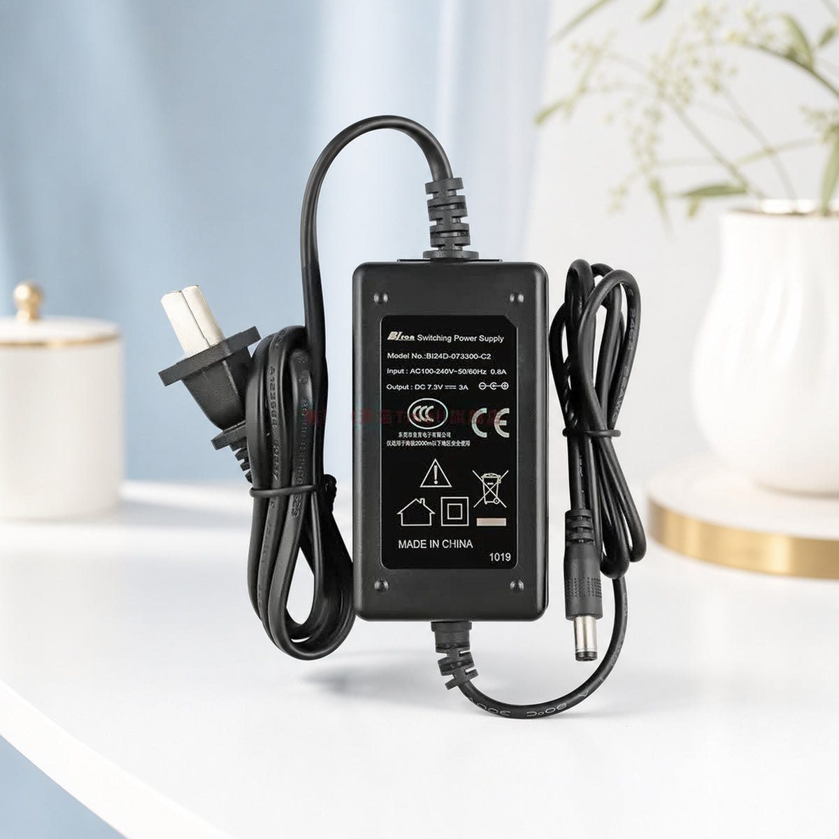 7.4 V servo power adapter – product still life on white: the adapter with its cables neatly coiled