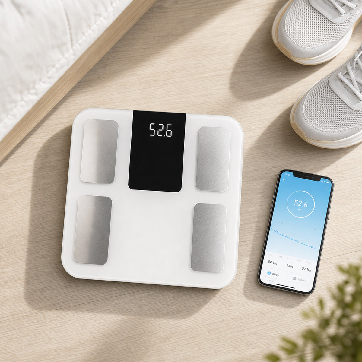 DELTA smart body composition scale – top-down view of the scale on a bedroom floor next to an iPhone showing a fitness app with a weight trend chart