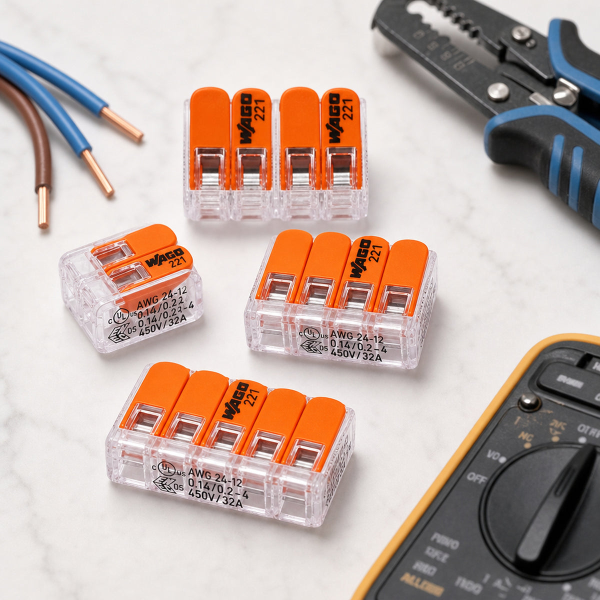 WAGO 221 lever wire connectors – top-down on a workbench: several 2-way