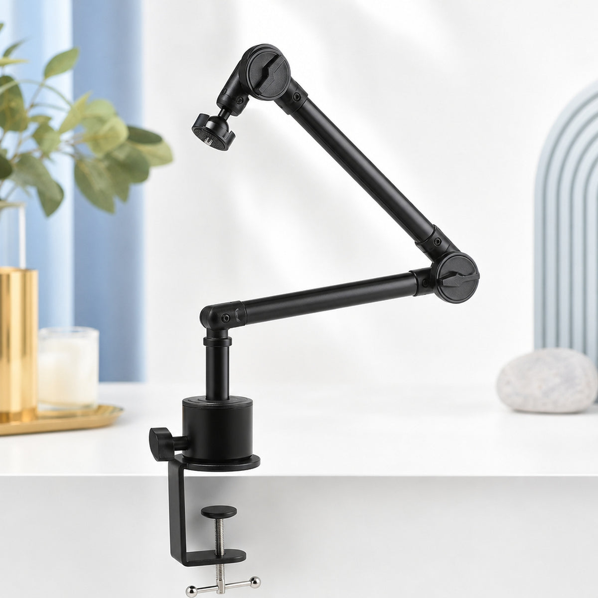 Overhead camera desk arm – product still life on white: the arm folded with the desk clamp visible