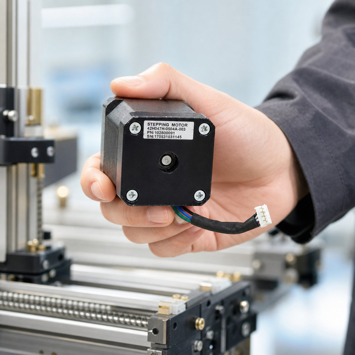 NEMA 17 stepper motor – close-up of an engineer's hands holding the stepper motor above a CNC router frame
