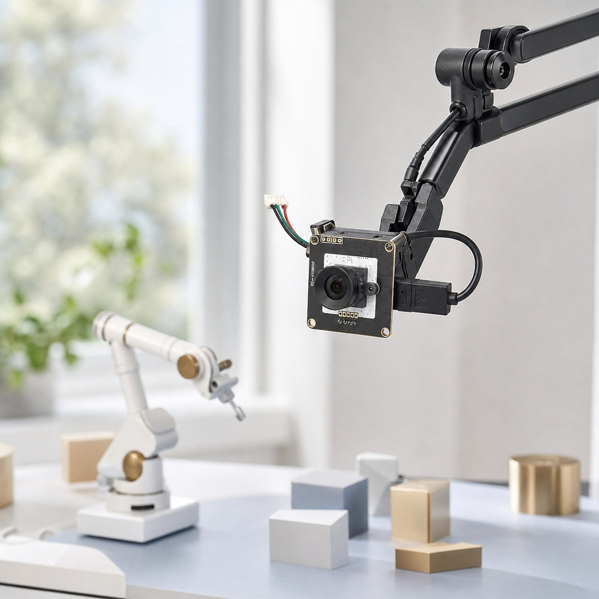 1080p USB camera module – the module clamped on a black overhead arm above a desk