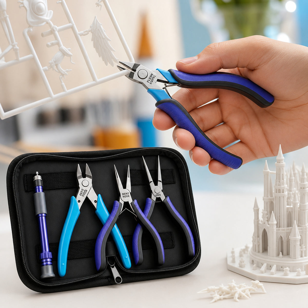 3D print finishing tool kit – close-up of the flush cutters snipping a sprue from a white PLA print