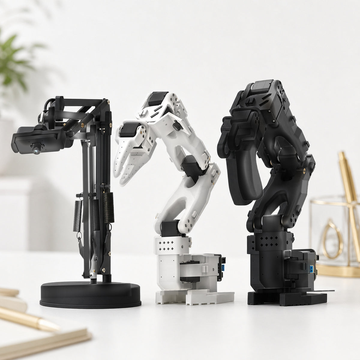 SO-ARM101 LeRobot robot arm kit – product still life on a white background: the white follower arm and black leader arm side by side with a small USB camera on a stand