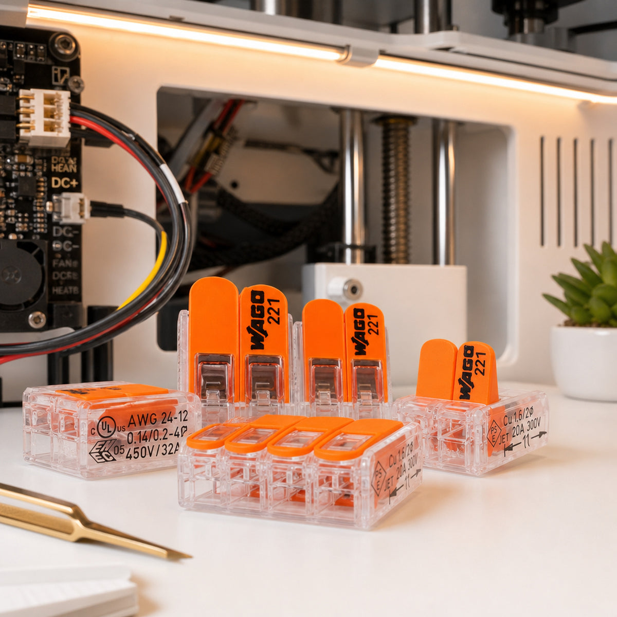 WAGO 221 lever wire connectors – the connectors wired inside a 3D printer's electronics bay joining power wires