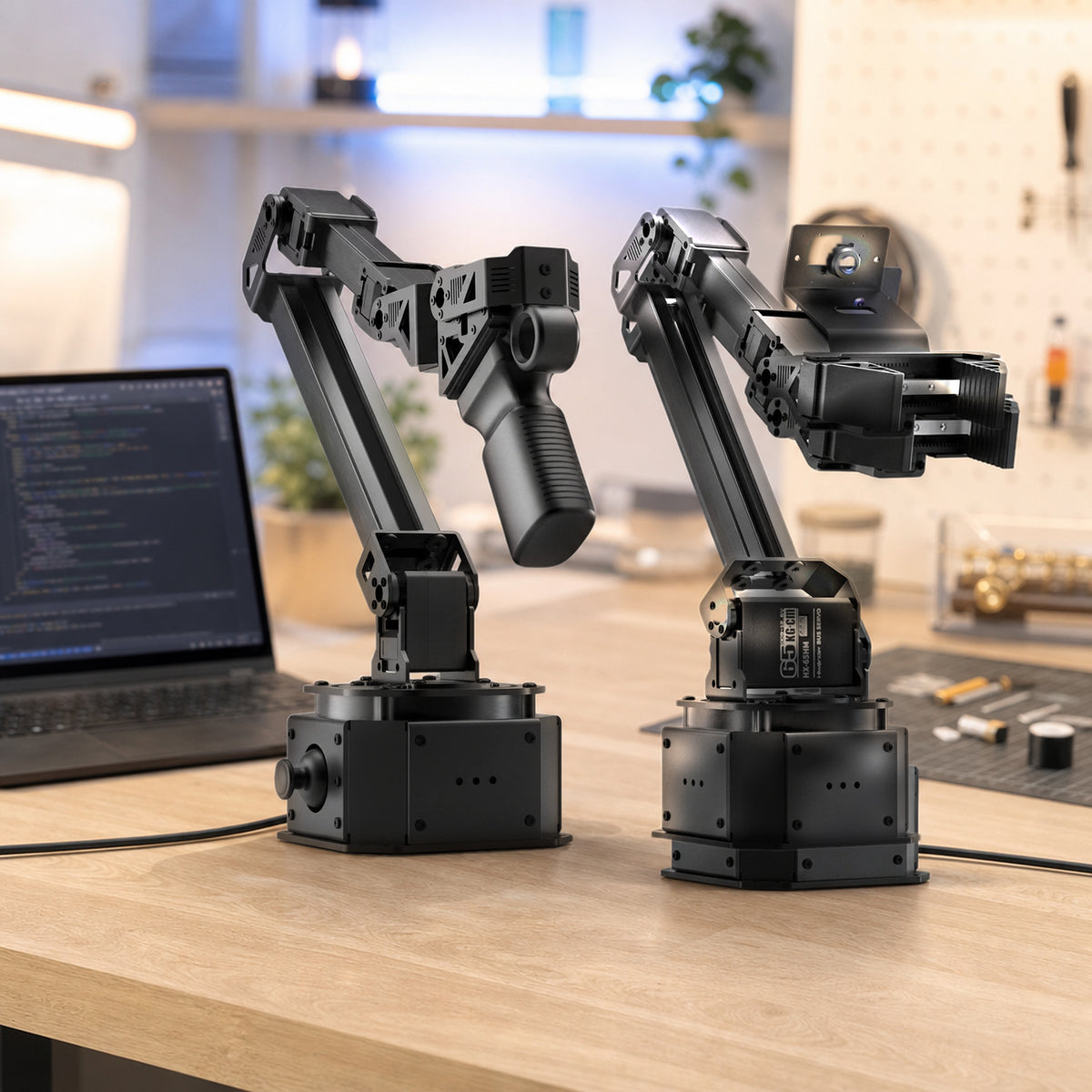 NexArm metal robot arm – the two arms on a robotics lab bench beside a laptop showing code