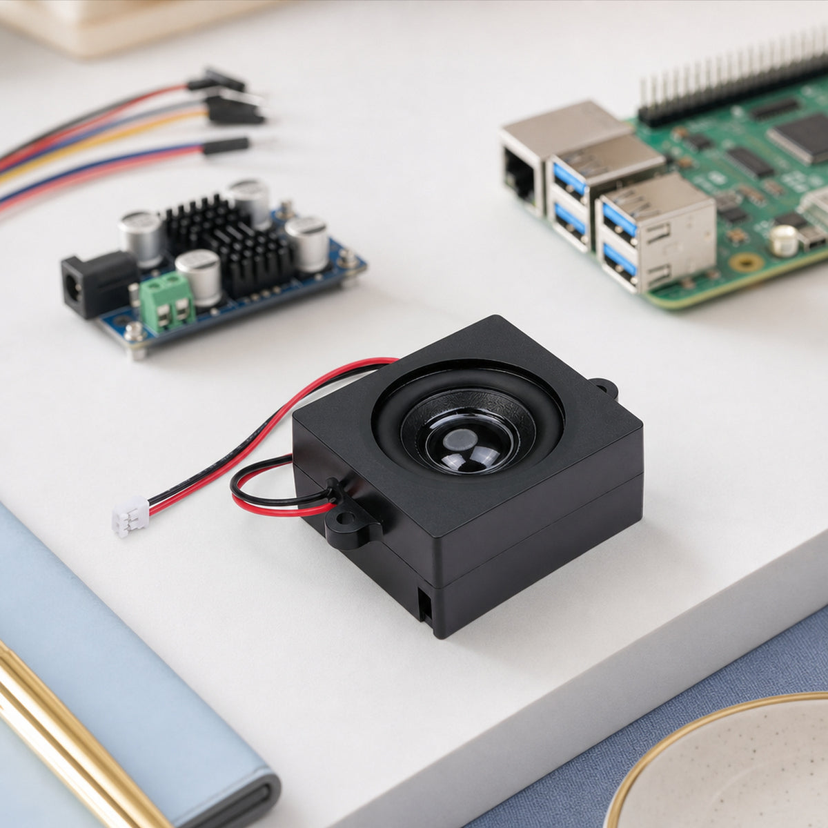 Mono enclosed speaker 4 ohm 5 W – top-down still life on a light desk: the speaker