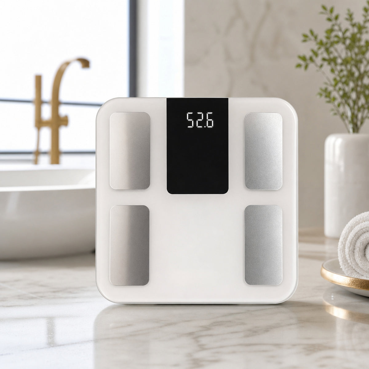 DELTA smart body composition scale – the scale on a clean white studio background with a sleek modern bathroom setting behind
