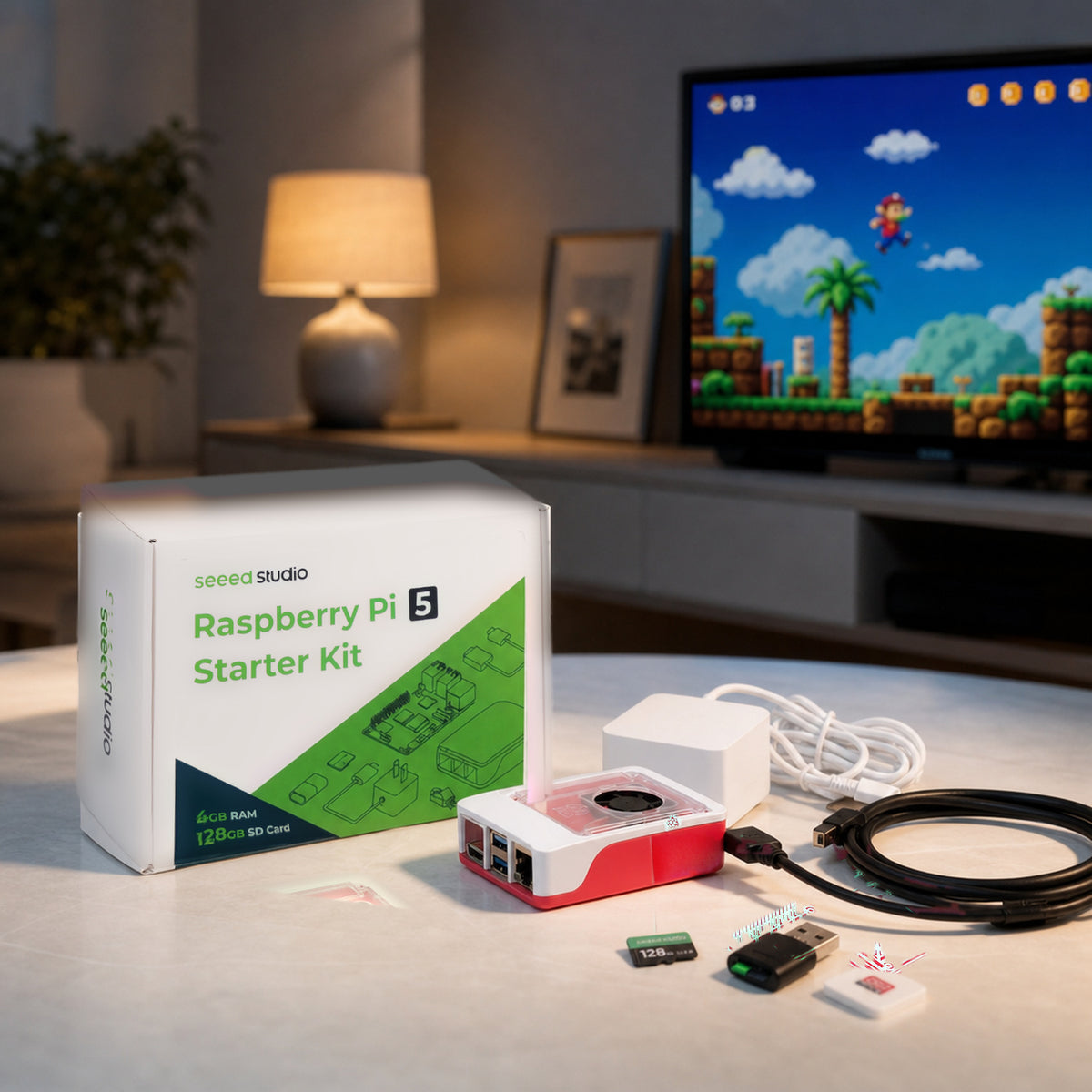 Raspberry Pi 5 starter kit – the cased Raspberry Pi 5 connected to a small TV in a living room