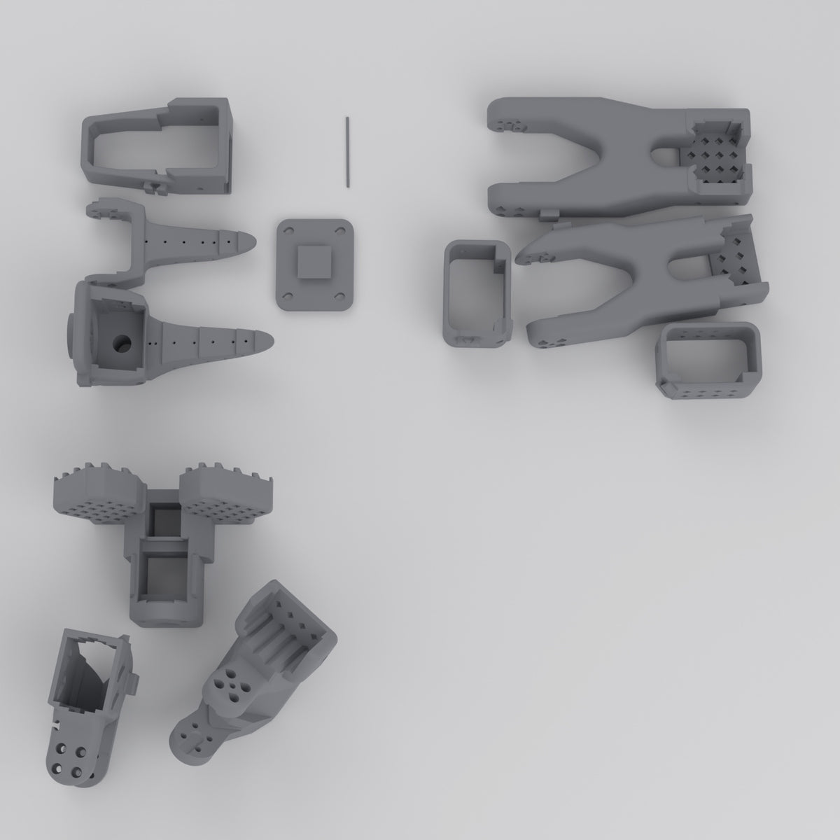SO-101 follower arm 3D-printed parts set, all parts laid out, printed in Singapore in PLA+