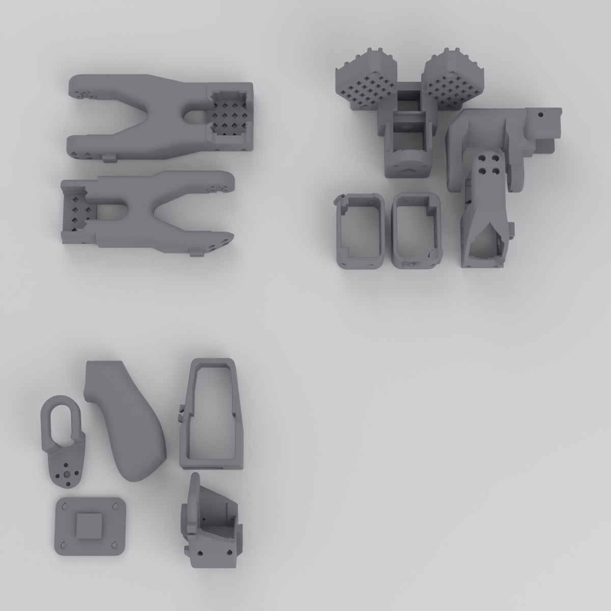 SO-101 leader arm 3D-printed parts set, all parts laid out, printed in Singapore in PLA+