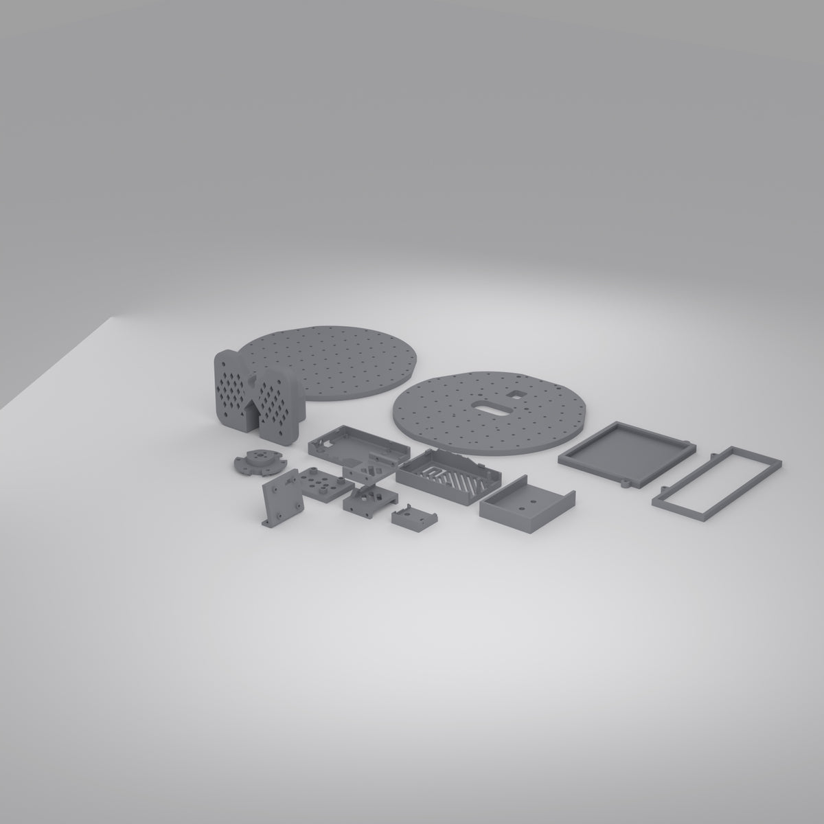 LeKiwi mobile base printed parts, three-quarter view